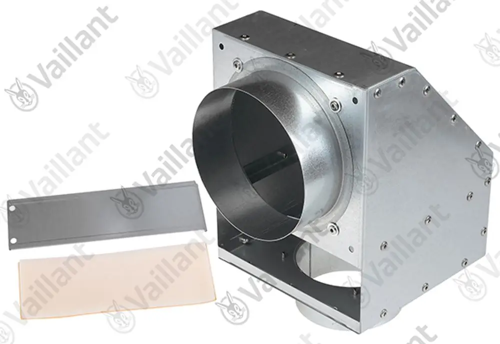Vaillant-Gehäuse mit rundem Anschluss, für die Installation eines Filters, besteht aus Metall mit zwei abnehmbaren Platten.